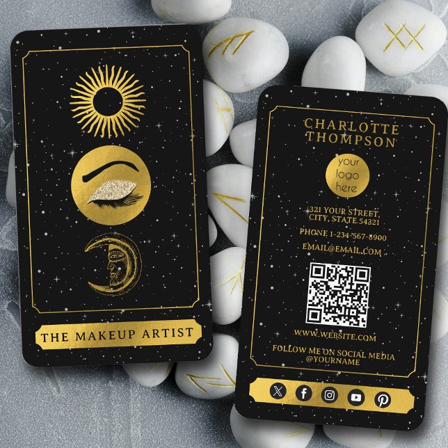 Cartão De Visita Celestial Tarot Sun Moon Makeup Artista Negro Dour (Celestial Tarot Sun Moon Makeup Artist Black Gold Business Card)