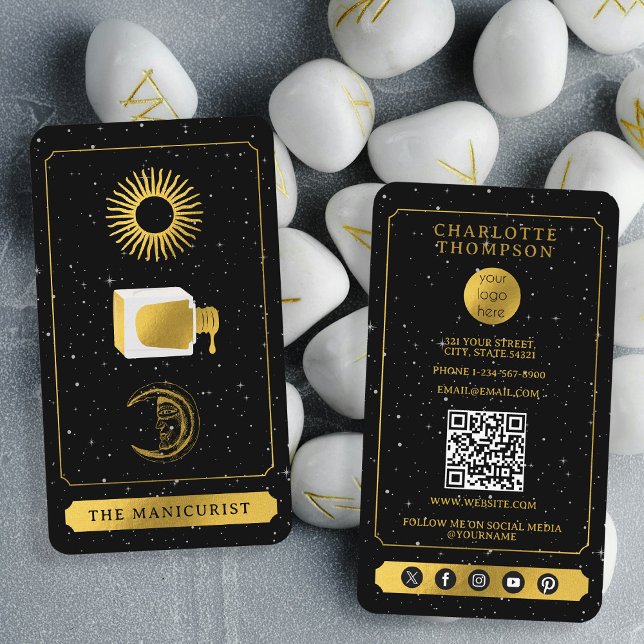 Cartão De Visita Celestial Tarot Sun Moon Nail Salon Black (Celestial Tarot Sun Moon Nail Salon Black Gold Business Card)