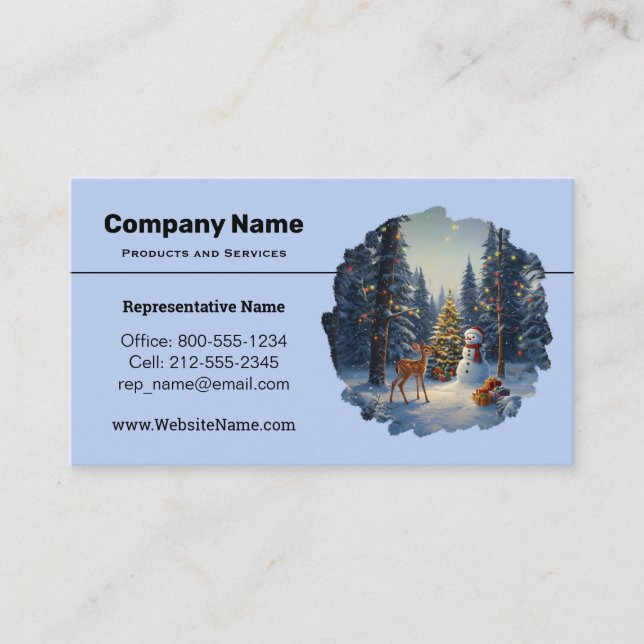 Cartão De Visita Cena da Árvore de Natal Fofo Deer Fawn Snowman (Frente)