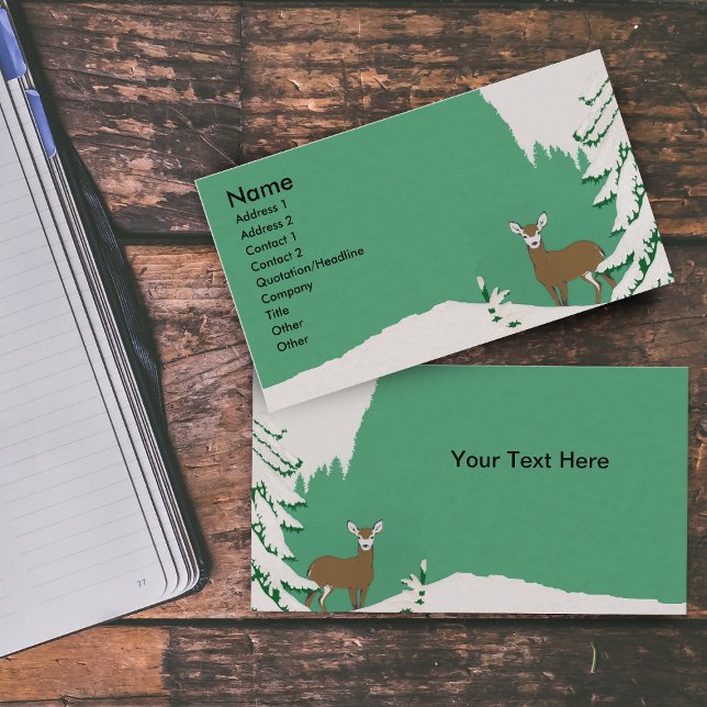 Cartão De Visita Cena de inverno de Deer Snow (Lone brown female deer white face in snow by pine tree on mint green business cards.)