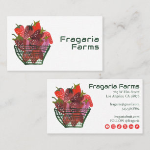 Cartão De Visita Cesta de Morango Encantadora Aquarela Fruta Fofa