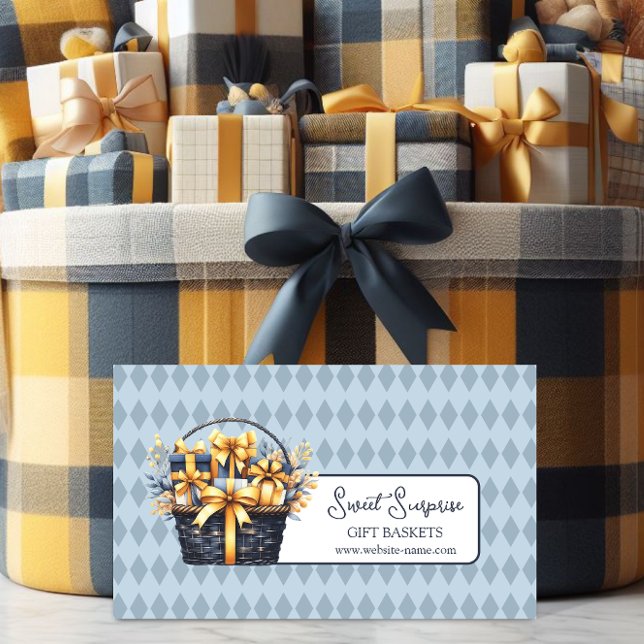 Cartão De Visita Cesta de Presente Azul e Amarelo (Promote your gift basket business with this elegant blue and yellow business card.)