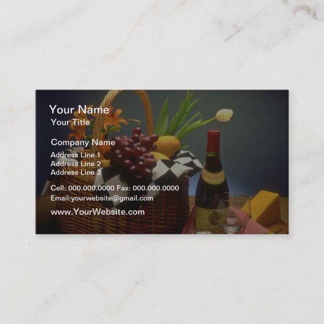 Cartão De Visita Cesto de piquenique amarelo com vinho, queijo, pão (Frente)