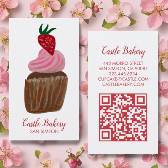 Cartão De Visita CEUE CUPCAKE Pastery Chef Modern QR Code (Pink strawberry watercolor cupcake on this custom business card with QR code)