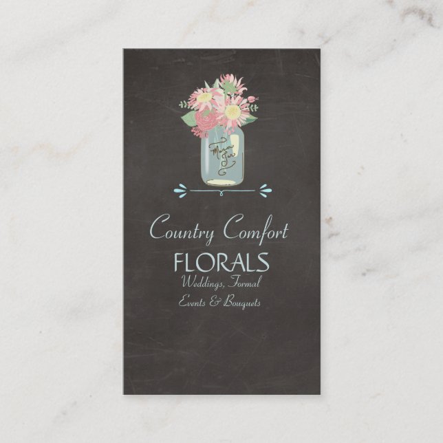 Cartão De Visita Chalkboard Daisies Rosas Rustic Mason Jar Floral (Frente)