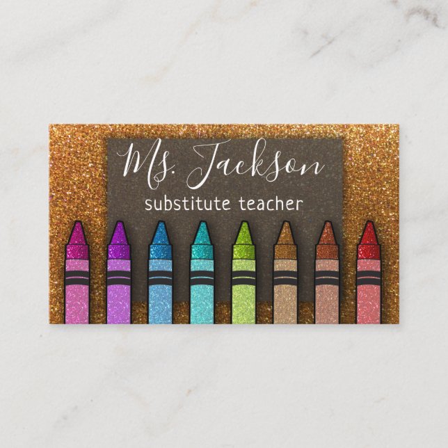 Cartão De Visita Chalkboard Teacher's Name Rainbow Glitter Crayons (Frente)