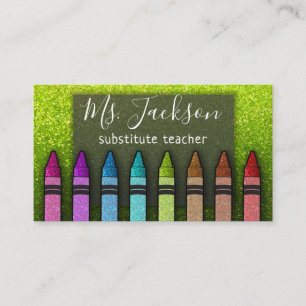 Cartão De Visita Chalkboard Teacher's Name Rainbow Glitter Crayons