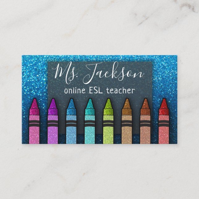Cartão De Visita Chalkboard Teacher's Name Rainbow Glitter Crayons (Frente)