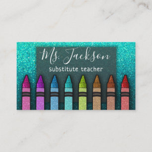 Cartão De Visita Chalkboard Teacher's Name Rainbow Glitter Crayons