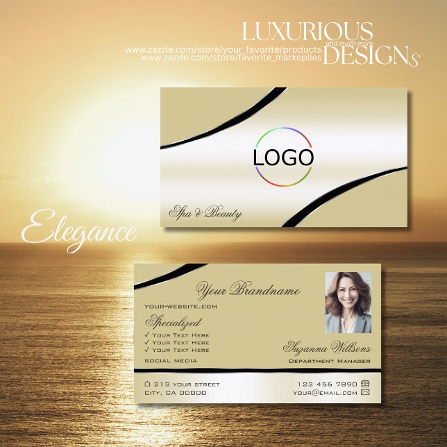 Cartão De Visita Champagne Beige Curved Decor Lines Logo e foto (Criador carregado)