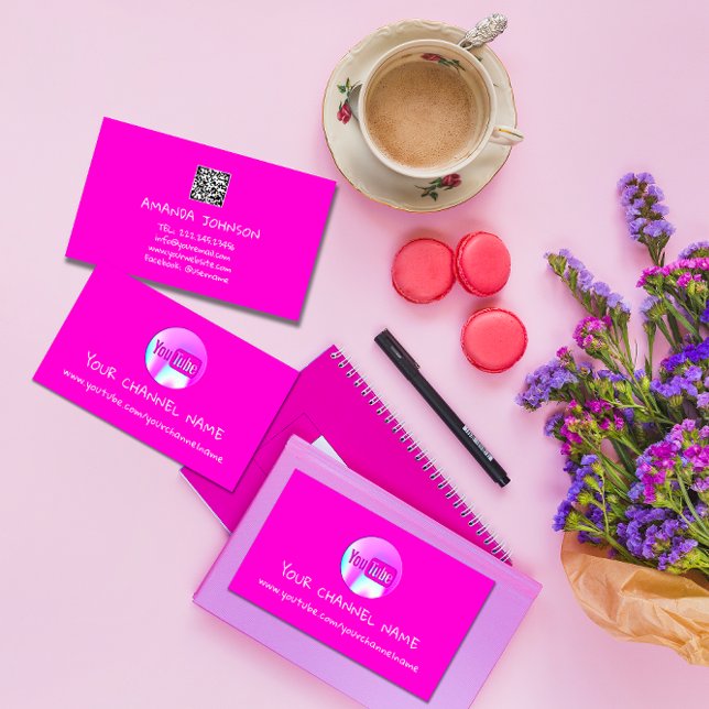 CARTÃO DE VISITA CHANNEL YOUTUBER LOGOTIPO CÓDIGO QR (CHANNEL NAME YOUTUBER LOGO QR CODE PINK BUSINESS CARD)