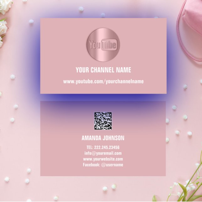 CARTÃO DE VISITA CHANNEL YOUTUBER LOGOTIPO CÓDIGO QR (CHANNEL NAME YOUTUBER LOGO QR CODE PINK BUSINESS CARD)