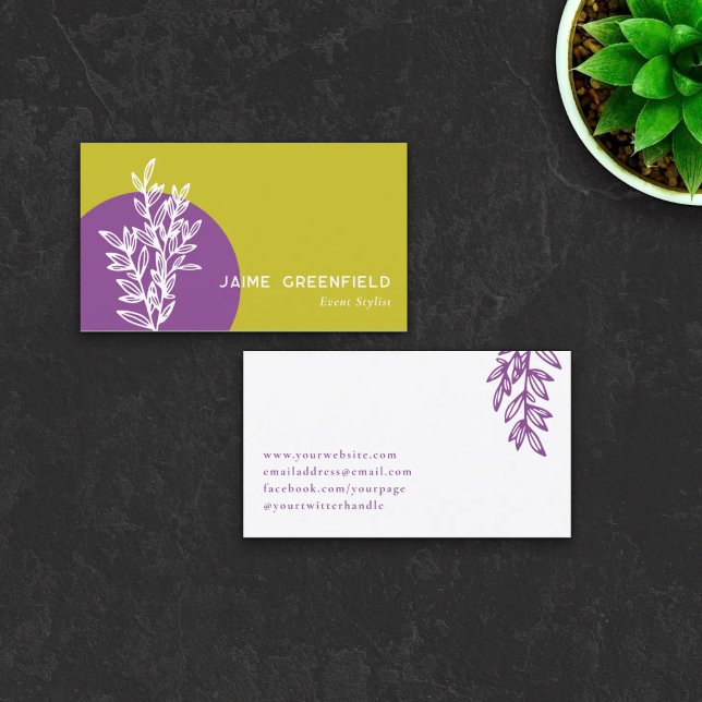 Cartão De Visita Chartreuse Purple Greenery Line Art Business Card (Criador carregado)