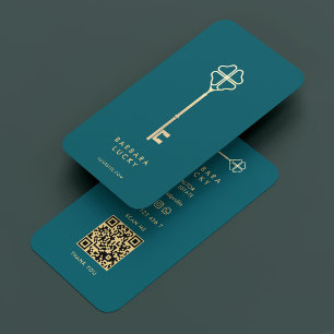 Cartão De Visita Chave Dourada de Teal Escuro do Mediador Hipotecár
