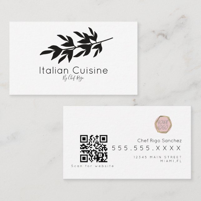 Cartão De Visita Chef Botânico Italiano do Branch Oleícola Negro (Frente/Verso)