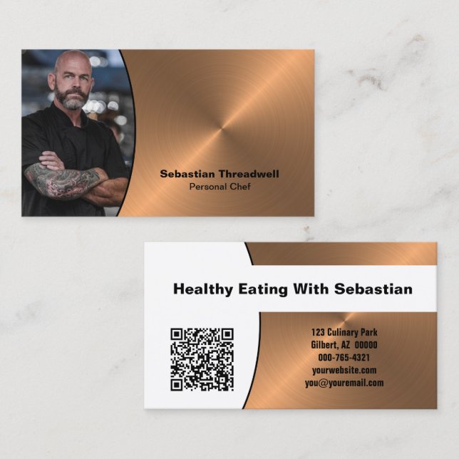 Cartão De Visita Chef Faux Copper Professional Photo QR Code  (Frente/Verso)