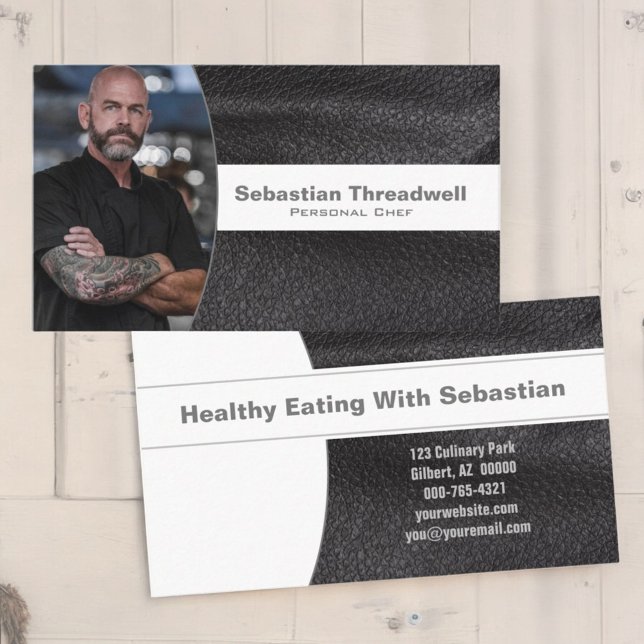 Cartão De Visita Chef Particular Couro Preto Foto Personalizada (business card front and back)