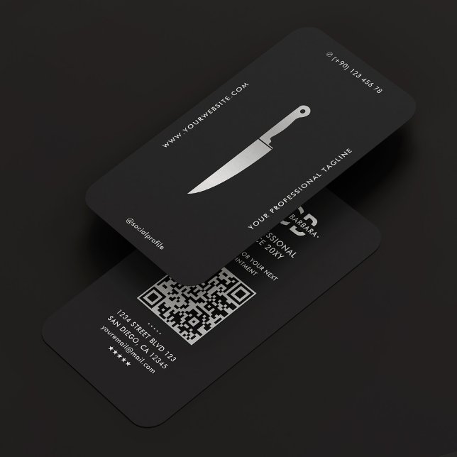 Cartão De Visita Chef Preto de Silver Knife Caterer (Modern Chef Black Silver Knife Butcher Caterer Business Card
)