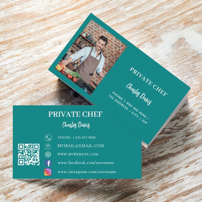 Cartão De Visita Chef privado verde-chá catering código QR (Criador carregado)