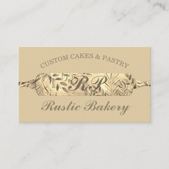 Cartão De Visita Chef Rustic Floral Rolling pin Bakery gold boho (Frente)