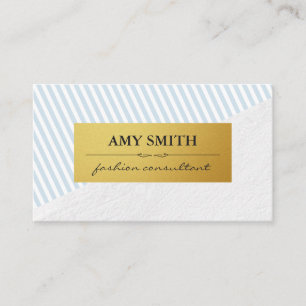 Cartão De Visita Chic Baby Blue Stripes Faux Metálico Dourado