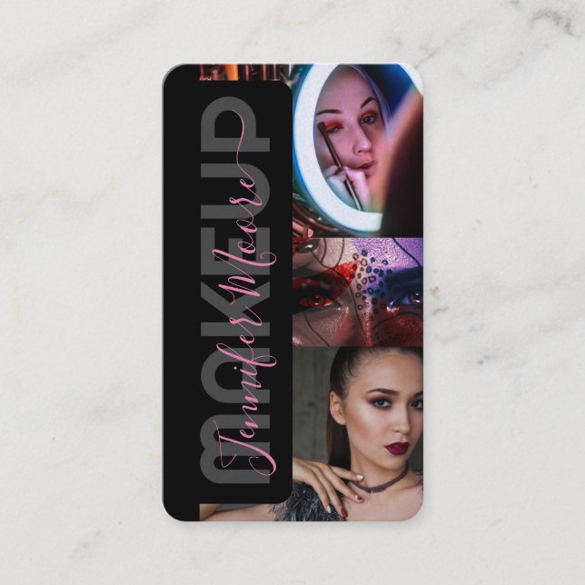 Cartão De Visita Chic Black and Pink 3 Photos Qr Code Beauty (Frente)