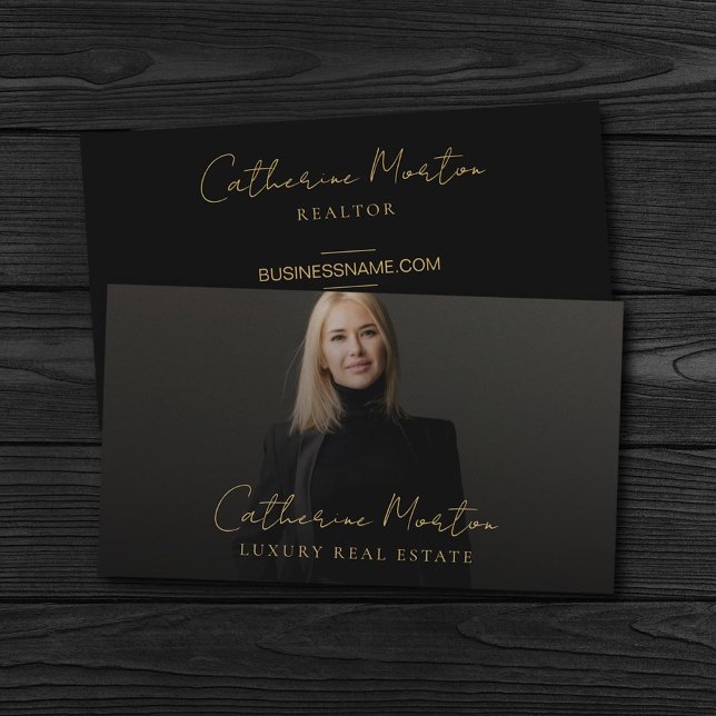 Cartão De Visita Chic Black e Dourada Casa de Luxo (Luxury Chic Photo Script Real Estate Business Card)