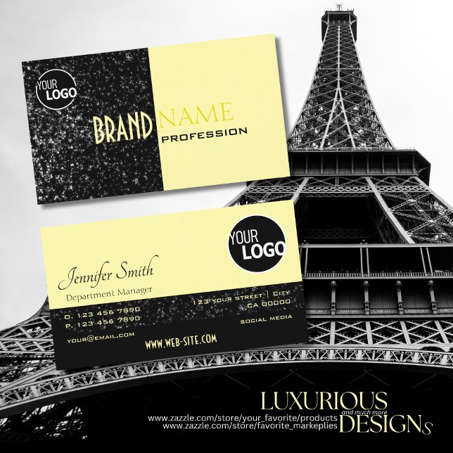 Cartão De Visita Chic Black Light Yellow Glitter Stars and Logo (Es (Criador carregado)