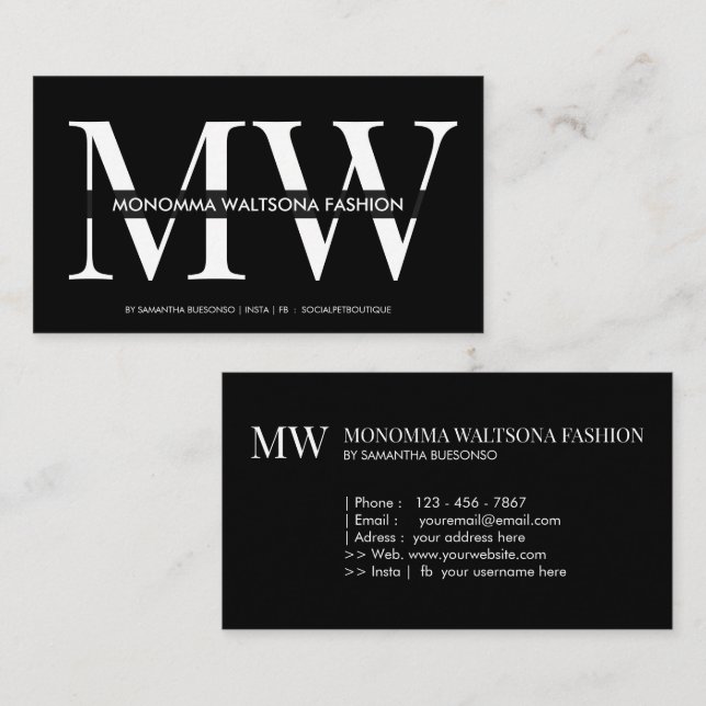 Cartão De Visita Chic black typography monogram lettering name (Frente/Verso)