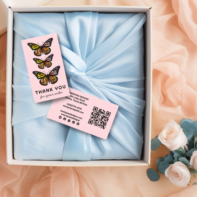 Cartão De Visita Chic Butterflies Ordem do Cliente Obrigado Código  (Cute watercolor pink orange butterflies on these custom thank you business cards, social media & QR.)