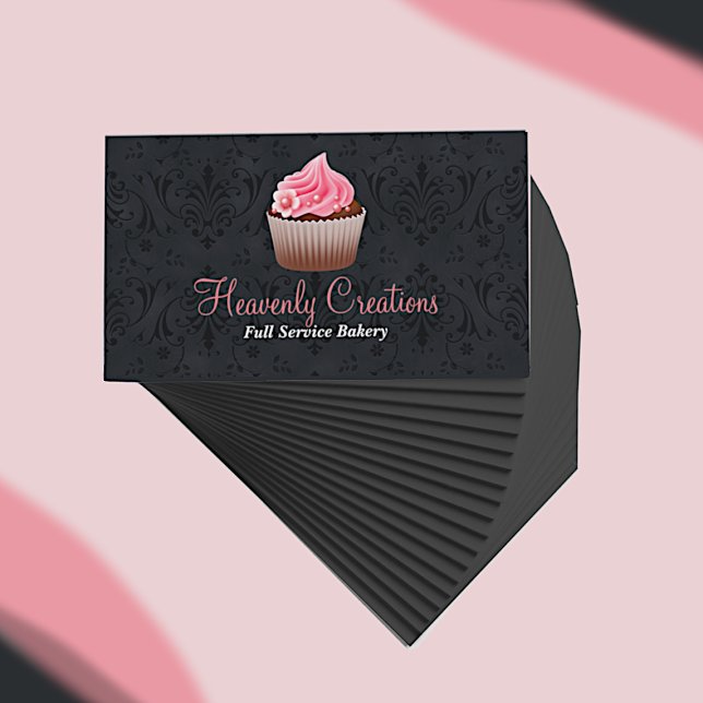 Cartão De Visita Chic Damask and Cupcake Bakery Business Card (Criador carregado)