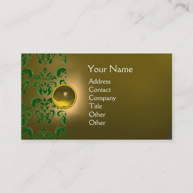 Cartão De Visita CHIC DAMASK GEM MONOGRAM amarelo verde (Frente)