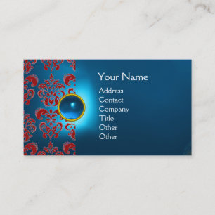 Cartão De Visita CHIC DAMASK GEM MONOGRAM azul vermelho