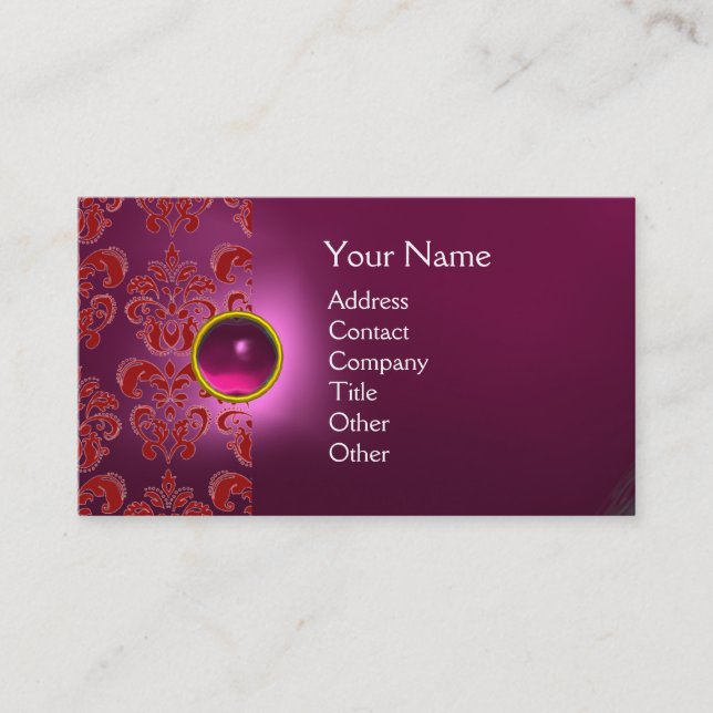Cartão De Visita CHIC DAMASK GEM MONOGRAM rosa vermelho (Frente)