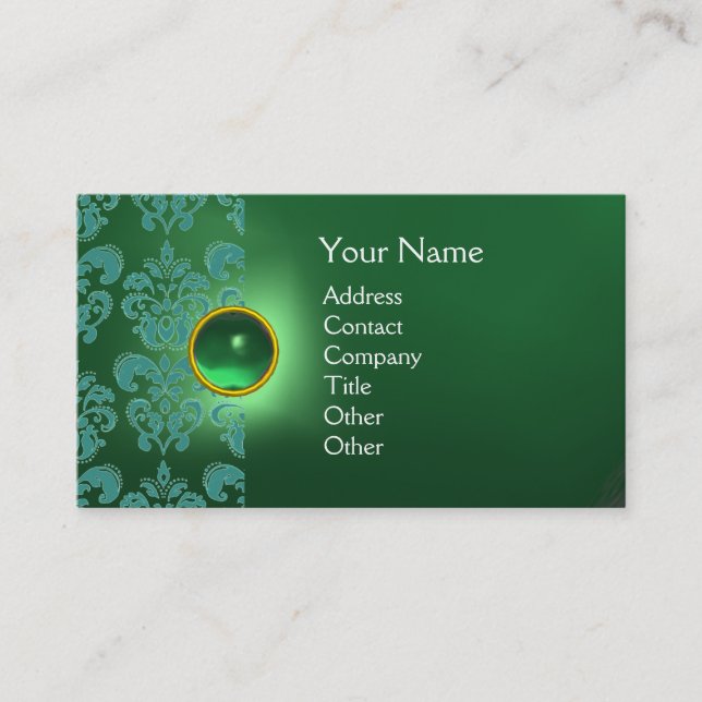 Cartão De Visita CHIC DAMASK GEM MONOGRAM verde azul (Frente)