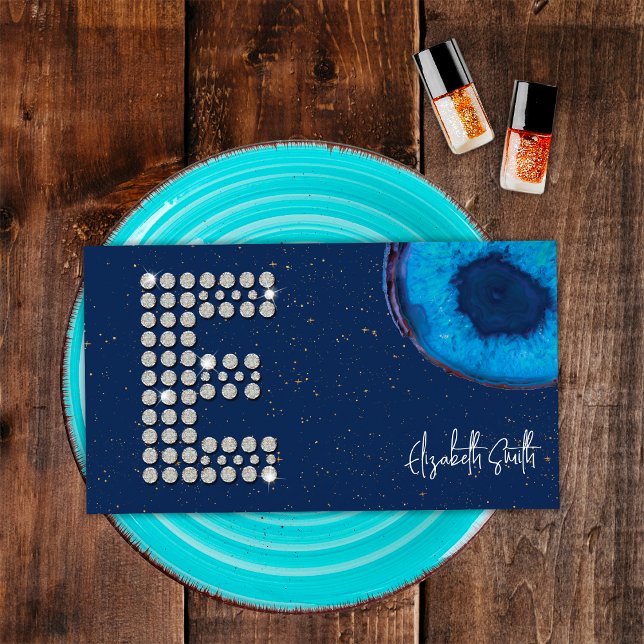 Cartão De Visita Chic Diamond Blue Agate Inicial E - Letra Monogram (Front)