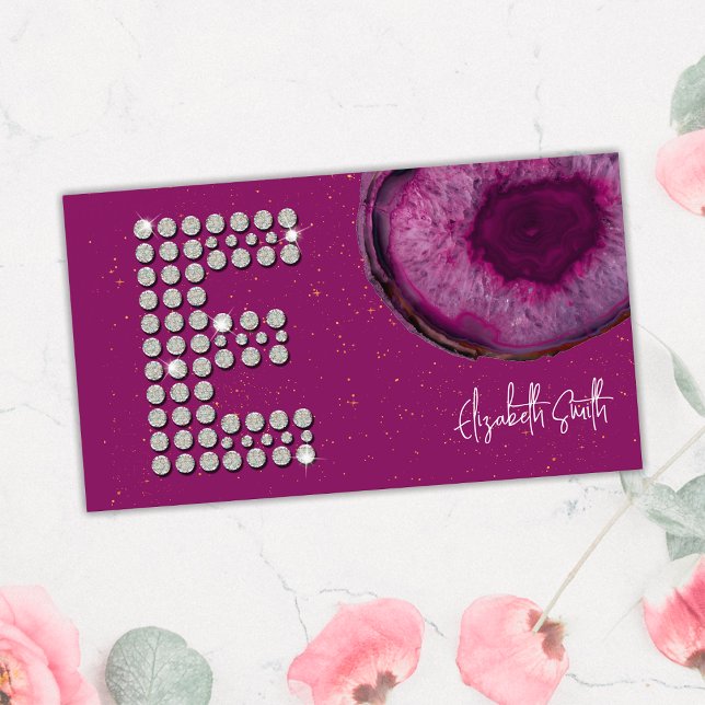 Cartão De Visita Chic Diamond Plum Agate Primeira Letra E Monograma (Front)