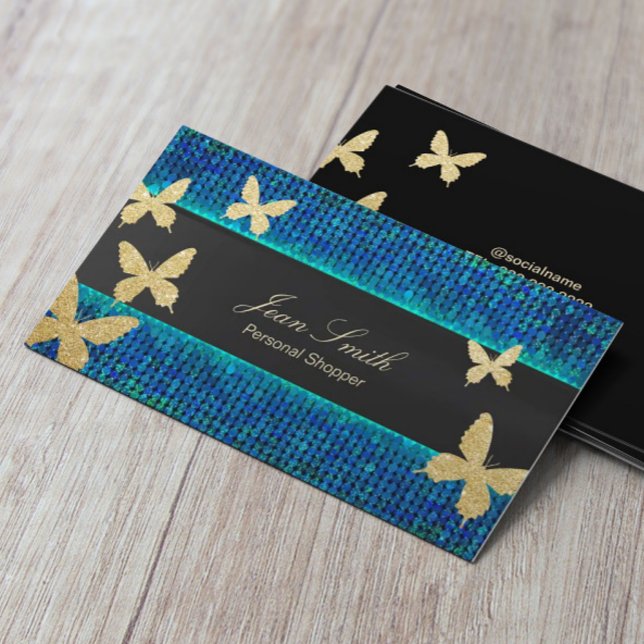 Cartão De Visita Chic Dourado Butterflies Teal & Blue Personal Shop (Criador carregado)