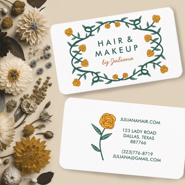 Cartão De Visita Chic Elegant Frame Floral Dourado Creme (Lovely business cards with a golden rose design)