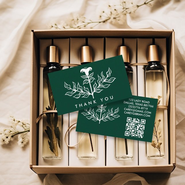 Cartão De Visita Chic Elegante White Lily QR Pedido de código Obrig (Custom thank you notes business cards with QR code and lily artwork)