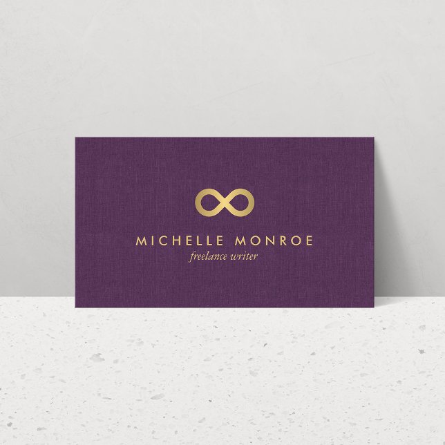 Cartão De Visita Chic Faux Dourado Infinity Symbol on Purple Linen (Criador carregado)