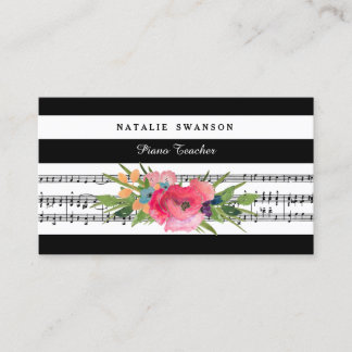 Cartão De Visita Chic Floral Piano Teacher Modern Musical Notes