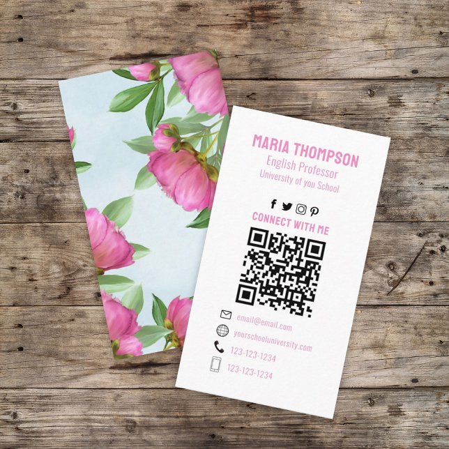 Cartão De Visita Chic Floral Pink Peony Professional Código QR (Criador carregado)