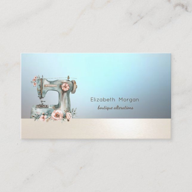 Cartão De Visita Chic Floral Sewing Machine Blue Business Card (Frente)