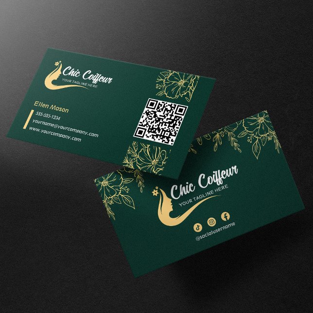 Cartão De Visita Chic Green Floral Dourado Hairstylist Beauty Códig (Criador carregado)