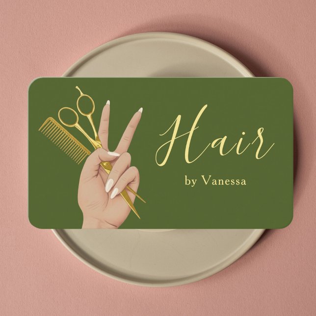 Cartão De Visita Chic Hair Salon Hairstylist Hairdresser Moss Green (Criador carregado)