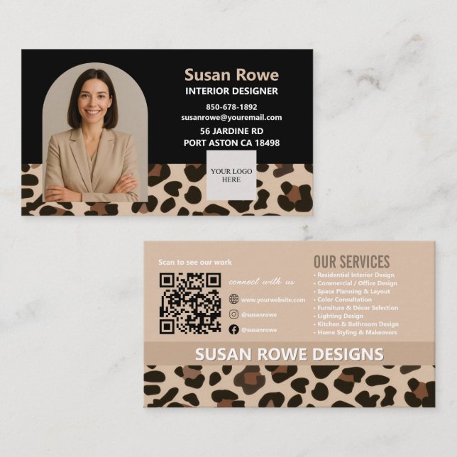 Cartão De Visita Chic Leopard Black and Beige QR Code Arch Photo (Frente/Verso)