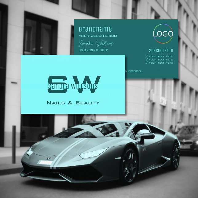 Cartão De Visita Chic Light Dark Teal Modern com Monograma e Logoti (Criador carregado)