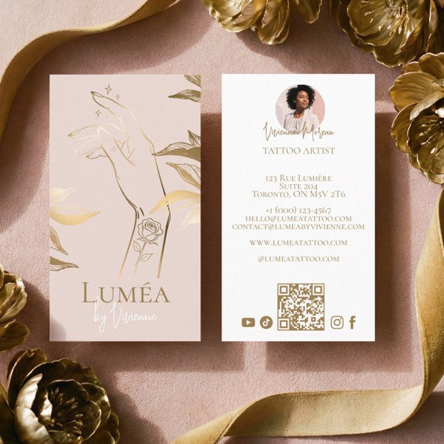 Cartão De Visita Chic Luxury Blush Pink Gold Tattoo Studio Artist (Chic Luxury Blush Pink Gold Tattoo Studio Artist Business Card)