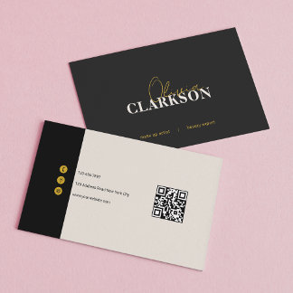 Cartão De Visita Chic Marfim Preto Dourado Minimalista Código Qr